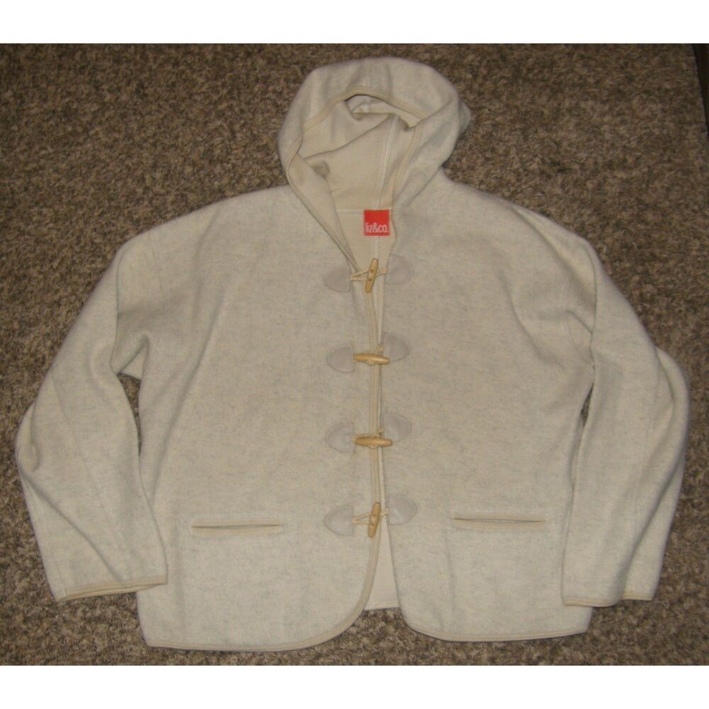 Cream Sz Medium Soft Wool Blend Hooded Roomy Sweater Jacket Pockets LIZ & CO